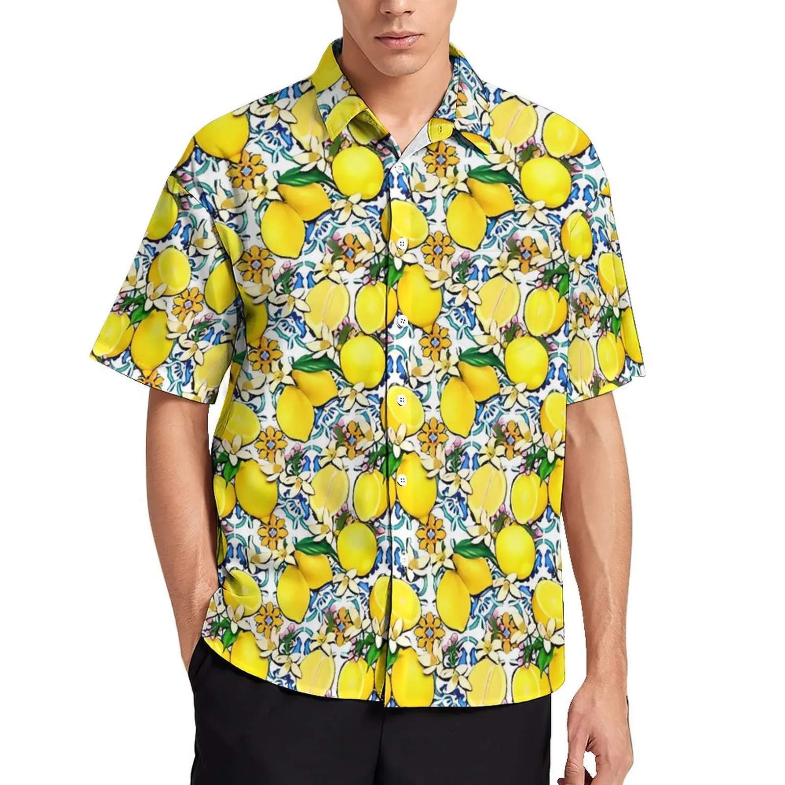 Fruit Print Beach Shirt Retro Lemon Print Hawaii Casual Shirts Male Cool Blouses Short-Sleeved Street Style Graphic Top