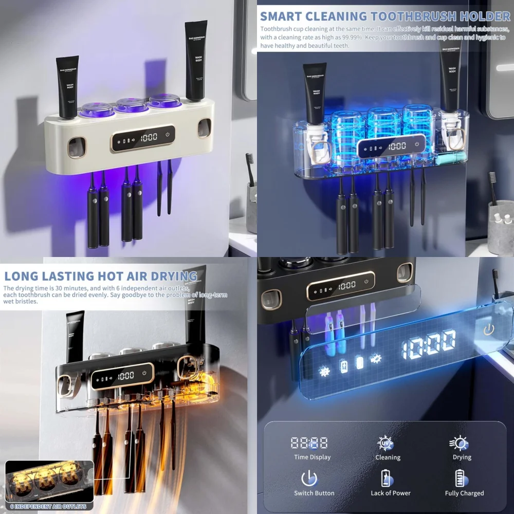 

Bathroom Toothbrush Holder with 2 Toothpaste Dispensers Storage Rack for Toiletries Organizer Wall Mounted Hygiene Keeper