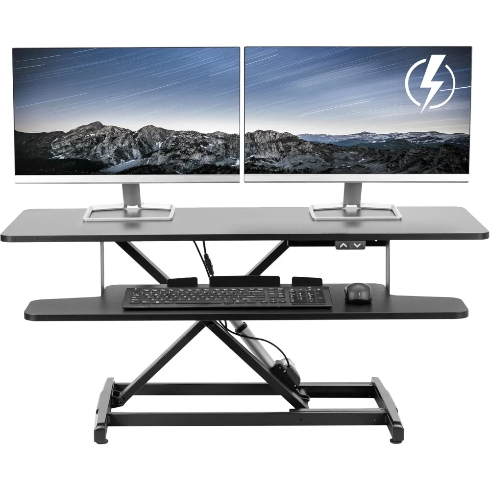

42 inch Electric Motor Desk Converter, Height Adjustable Riser, Sit to Stand Dual Monitor and Laptop Workstation with Wide Keyb