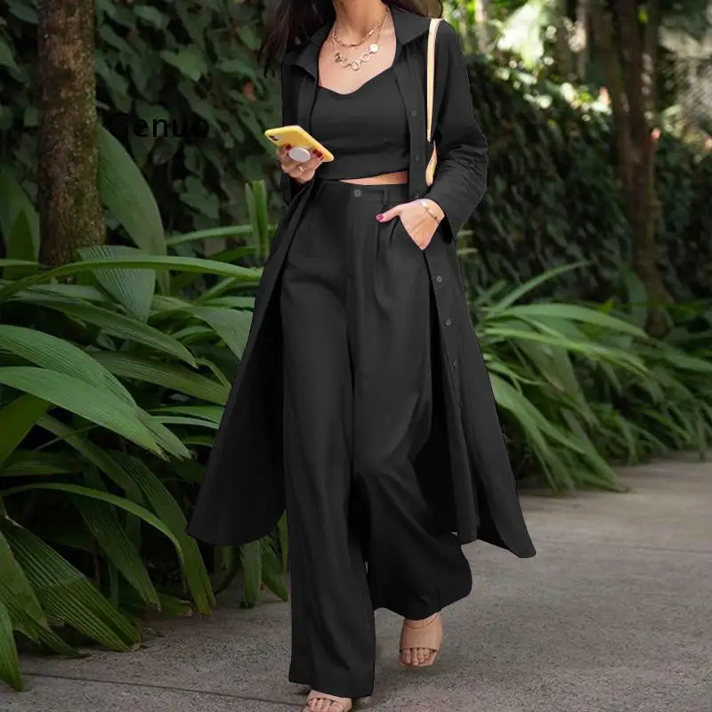

Women Chic Three Piece Set Fashion Single-breasted Windbreaker Coat Top And Lace Up Wide Leg Pant Suit Casual Lady Elegant Suits
