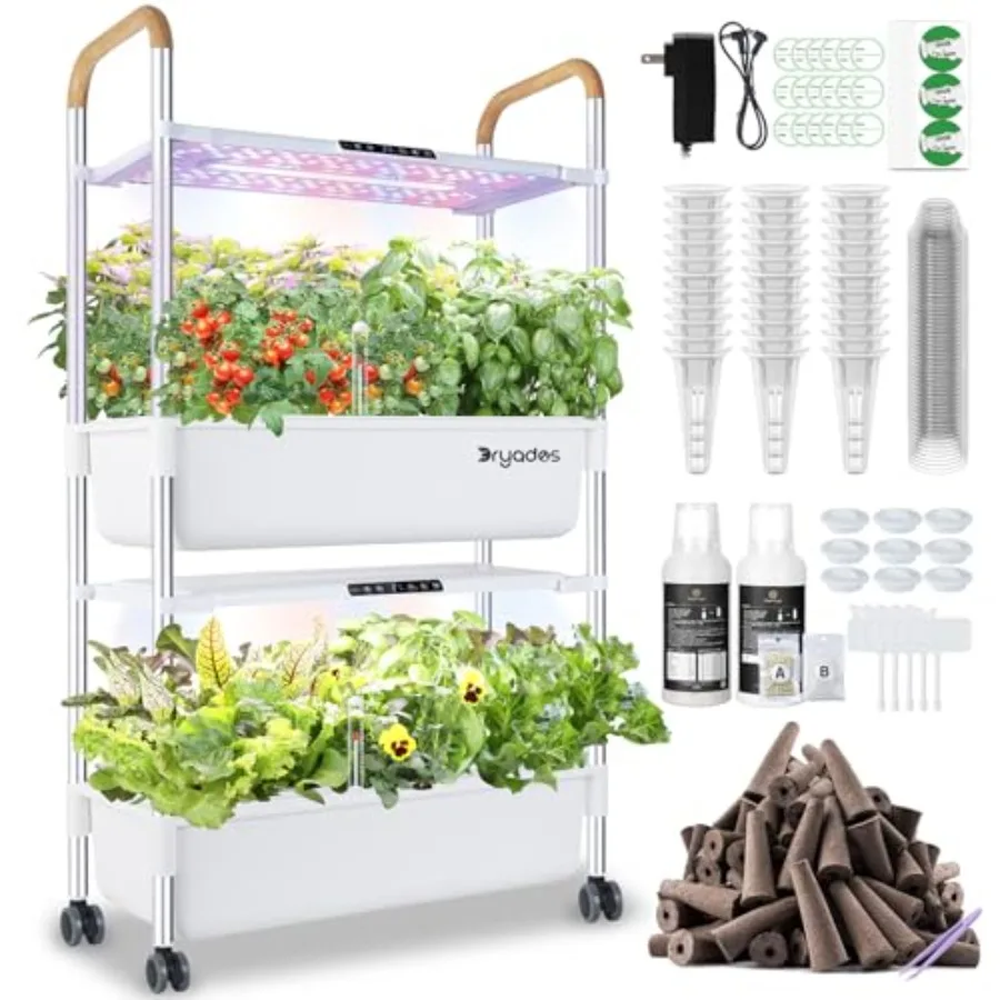 

Indoor Hydroponic Growing System with 54 Pods Herb Garden Kit 30W LED Grow Light 2-Layer Floor-Standing for Vegetables Fruits B