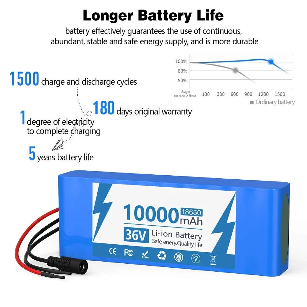 36V 10Ah 18650 Lithium Battery Pack Rechargeable Battery with BMS Charger 10S2P For Fishing Bicycle Large Capacity batteries