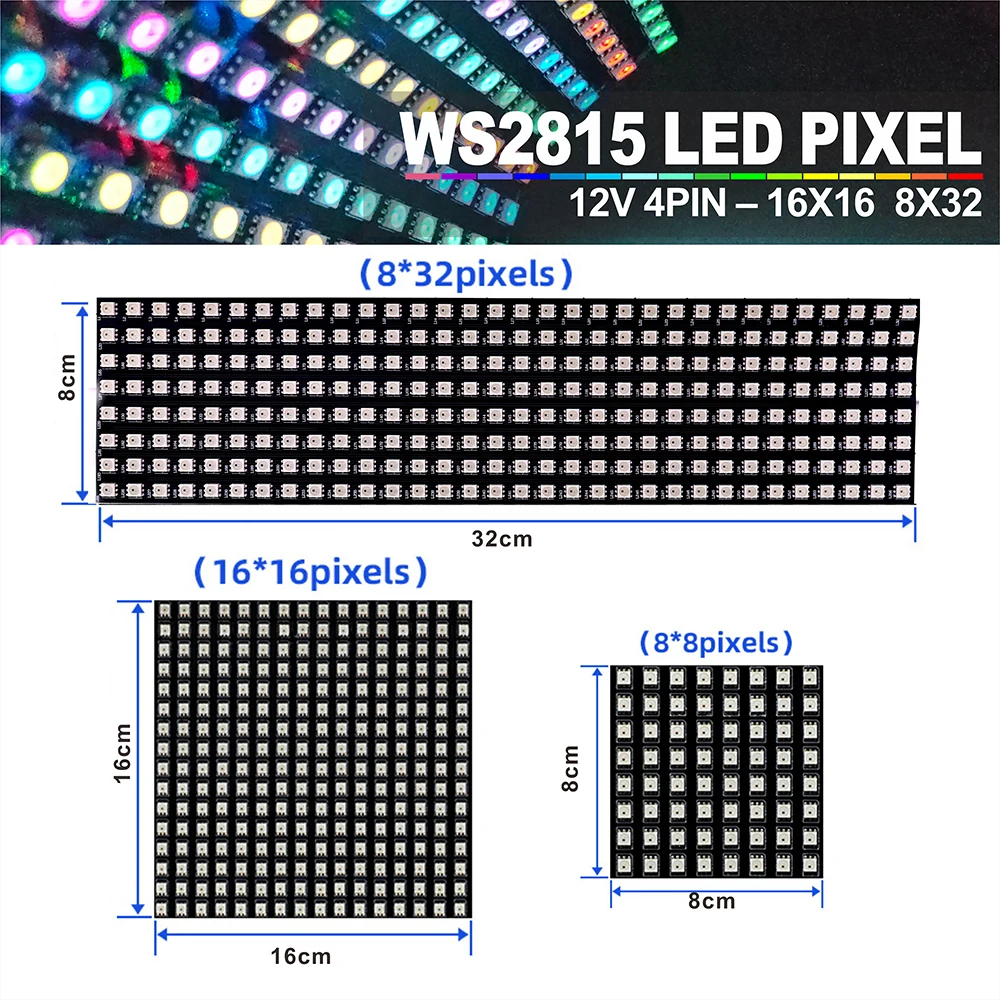 

Flexible WS2815 12V Individually Addressable LED Pixel Panel 16x16 8x32 Programmable Full Color Display 4pin WS2815 LED Light