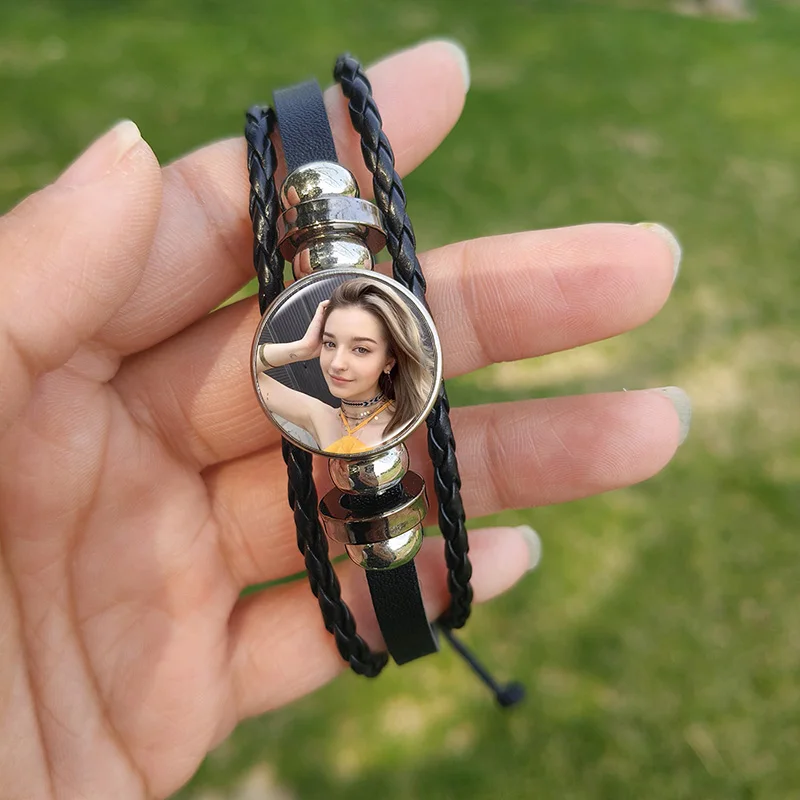 Custom Photo Bracelets for Couples Blue Pink Brown Purple Leather Bangles for Women Girls Wristband Birthday Gifts