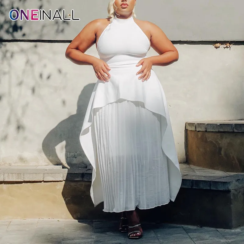 ONEINALL Hit Color Two Piece Set For Women Halter Sleeveless Backless Asymmetrical Top High Waist Pleated Skirt Chic Sets Female