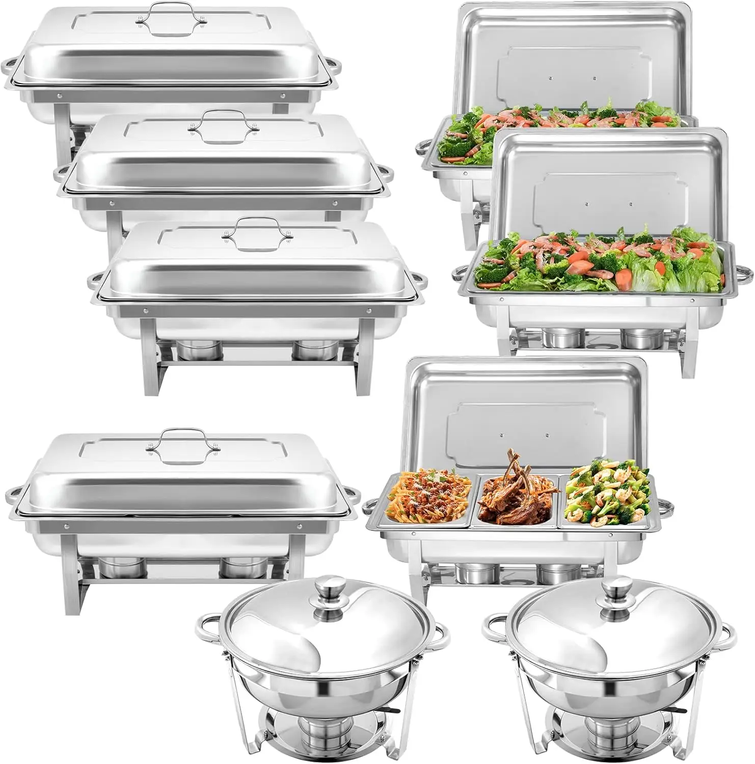 9 Pack Chafing Dish Buffet Set, Stainless Steel Catering Food Warmer For Banquet, Parties, Wedding (5 Packs 8Qt 1/1 Pan + 2