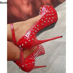 Rontic New Women Platform Pumps Sexy Studded Stiletto Heels Peep Toe Pretty Blue Pink Red Cosplay Shoes Ladies US Size 5-20