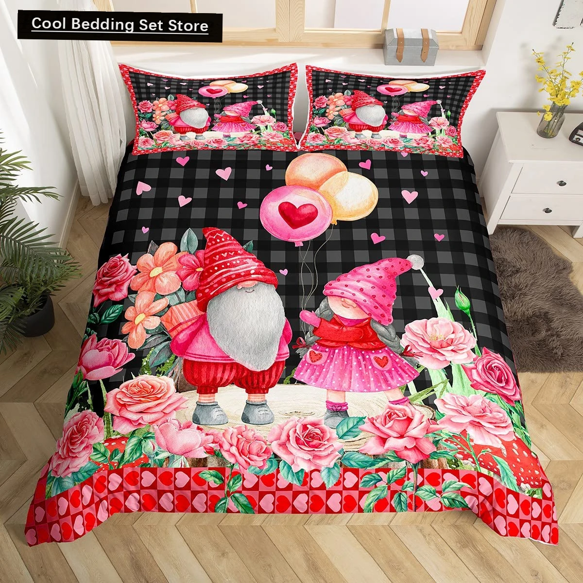 

Valentines Day King Duvet Cover Romantic Bedding Set Kawaii Couple Gnome Comforter Cover Pink Rose Hearts Polyester Quilt Cover