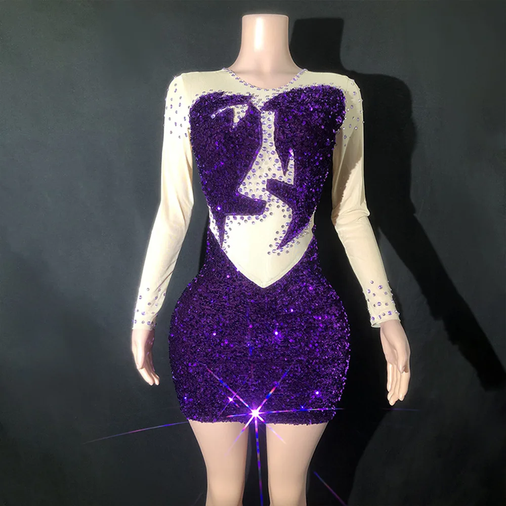 

Women Elastic Long Sleeve Round Neck Tight Mini Dress Celebrating Birthday Party Dress Shining Sequins Stage Performance Costume