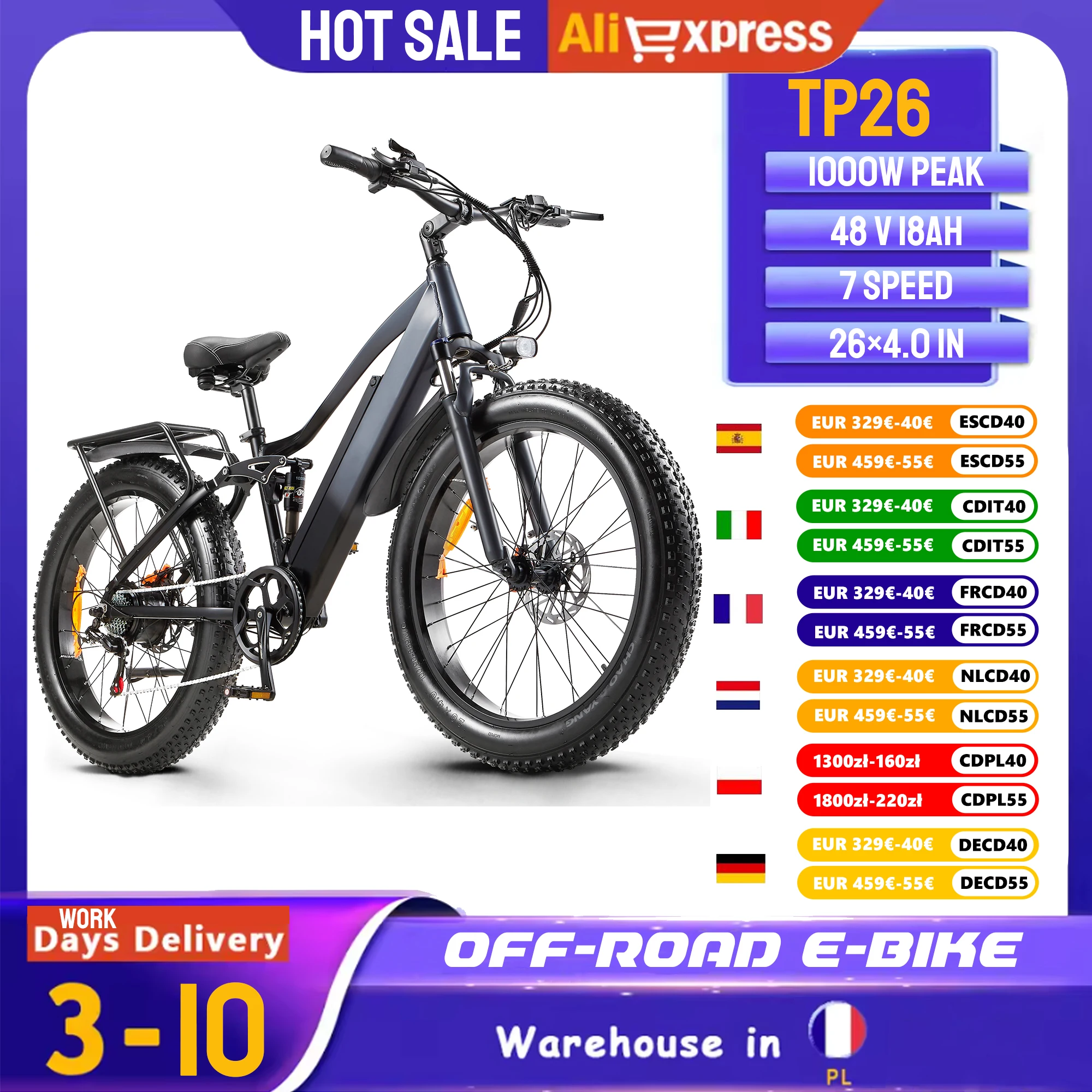 Vélo électrique CMACEWHEEL TP26, batterie 48V17AH, vélo de montagne électrique, pneus larges, freins hydrauliques, amortisseurs complets, vélo de ville électrique