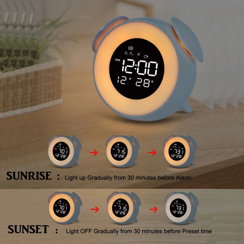 Bedside Sunrise Sunset Wake Up Light Digital Led Music Alarm Mirror Clock Bedroom Desk Calendar Snooze Clock Table Phone Charger