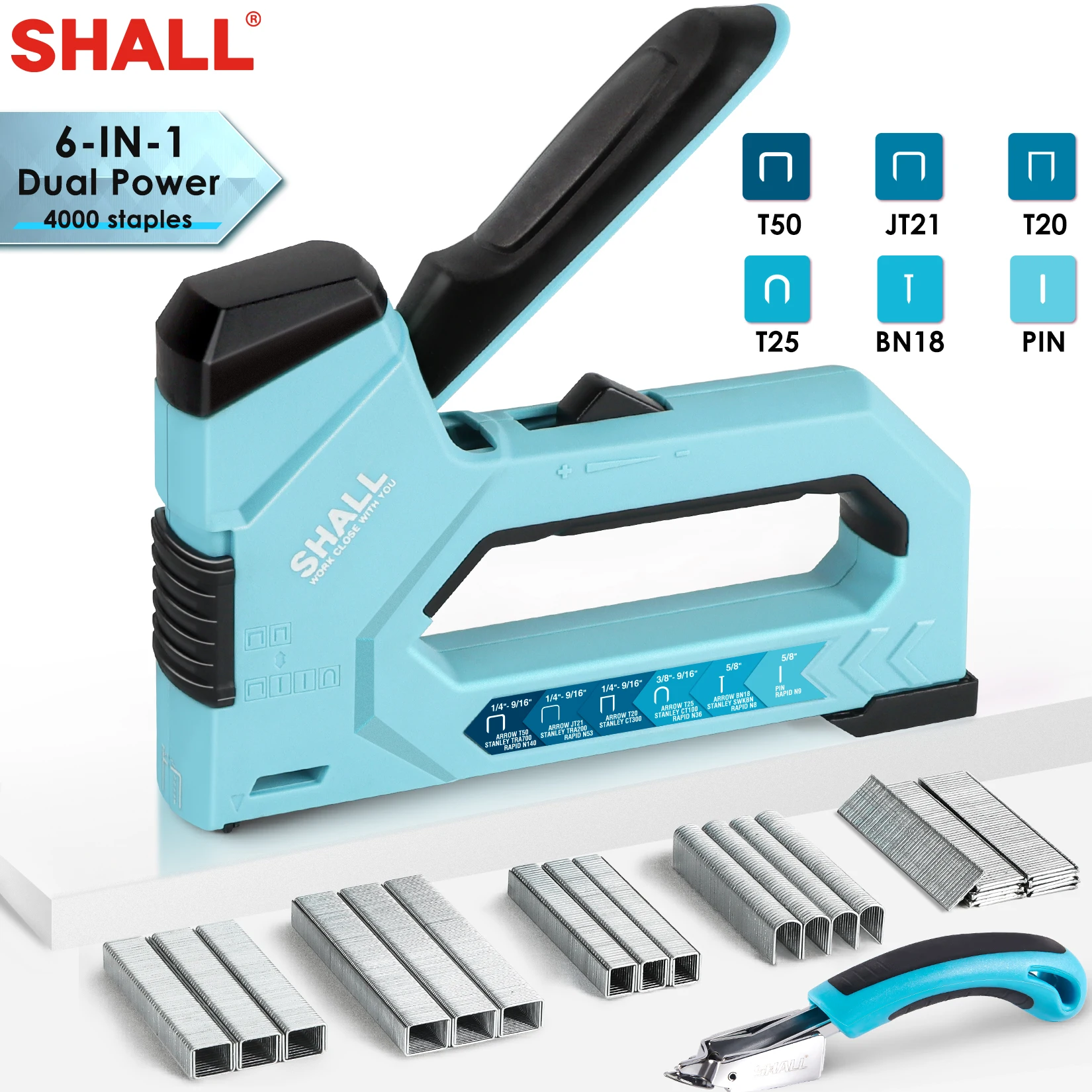 SHALL 6-in-1 Nail Gun Heavy Duty Upholstery Stapler Nail Gun with 4000 Counts Staples Manual Brad Nailer Staple gun for home DIY