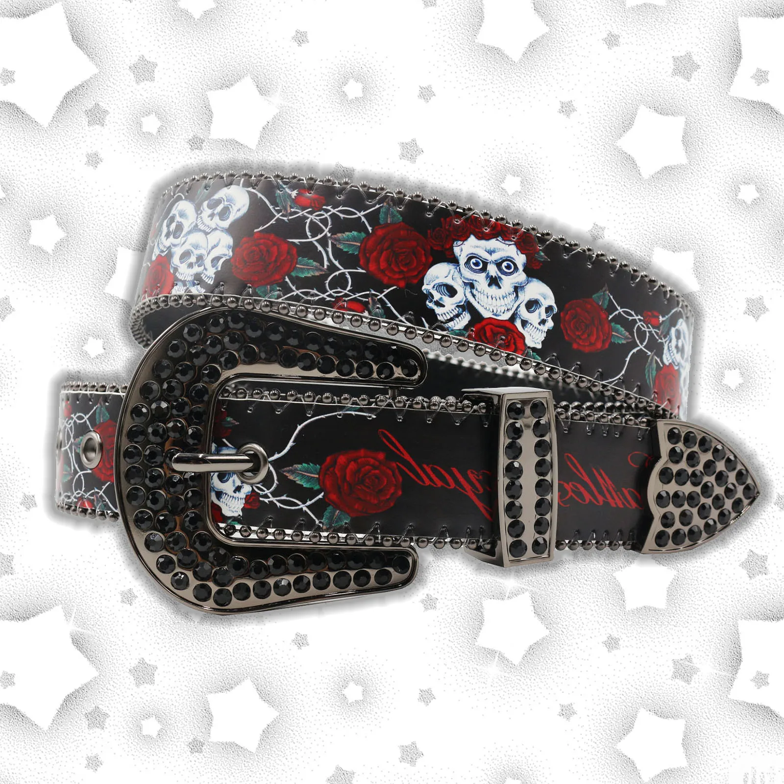 Nice Brand Three Skull Flower printing Rhinestone Belt For Men Women, Western Hip-hop Punk Style Belt For Jeans