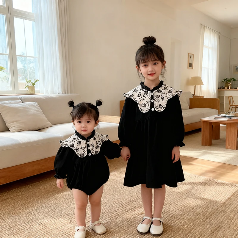 

2026 New Spring Kids Princess Dress Long Sleeved Cotton Embroidery Baby Girl Romper Party Dress 0-6Y Children Sisters Clothes