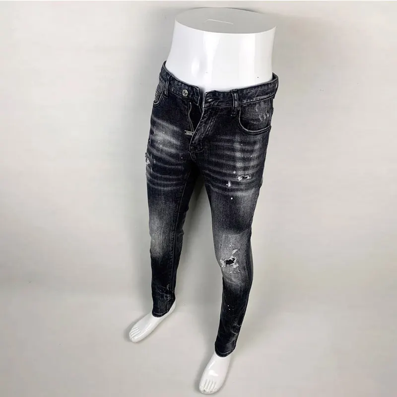 Streetwear Fashion Men Jeans High Quality Retro Black Gray Stretch Slim Fit Ripped Jeans Men Brand Designer Vintage Denim Pants