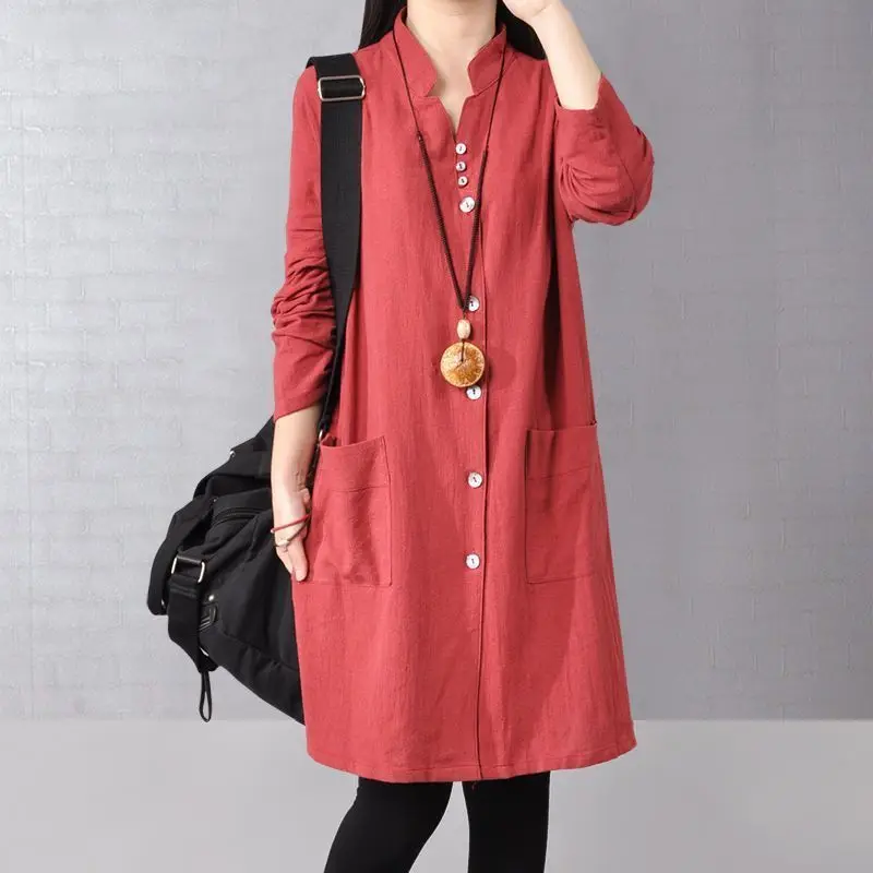 

Women's Spring Autumn New V-neck Shirt Dress Fashion Artistic Style Solid Button Pocket splicing Versatile Long sleeved Dress