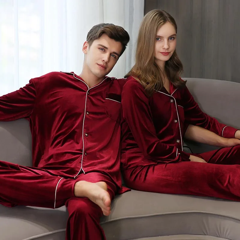 SUO&CHAO S-6XL Couple Silk Satin Pyjamas Women\'s Men\'s Long Sleeve Lapel Tops+Pants 2Pcs Pajamas Nightwear Sleepwear Homewear