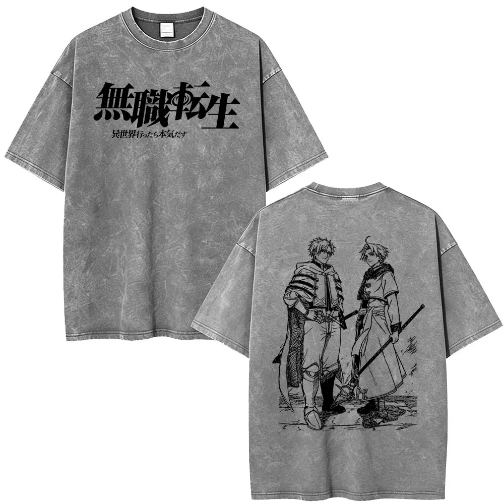 Anime Mushoku Tensei Jobless Reincarnation Rudeus Greyrat Paul Greyrat Vintage Washed T-Shirt Herren Damen Mode Casual T-Shirt – Detail 3