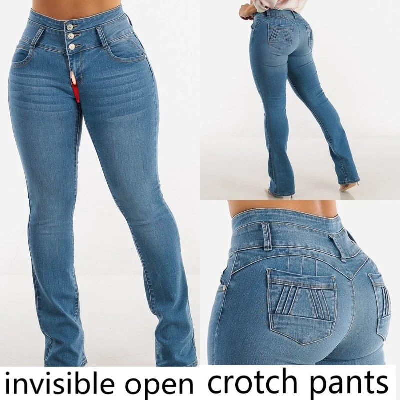 Invisible Crotch Pants 2025 Spring New Hip-lifting Elastic Jeans Women's Sexy Thin High-waisted Micro-pull Pants Sex Free