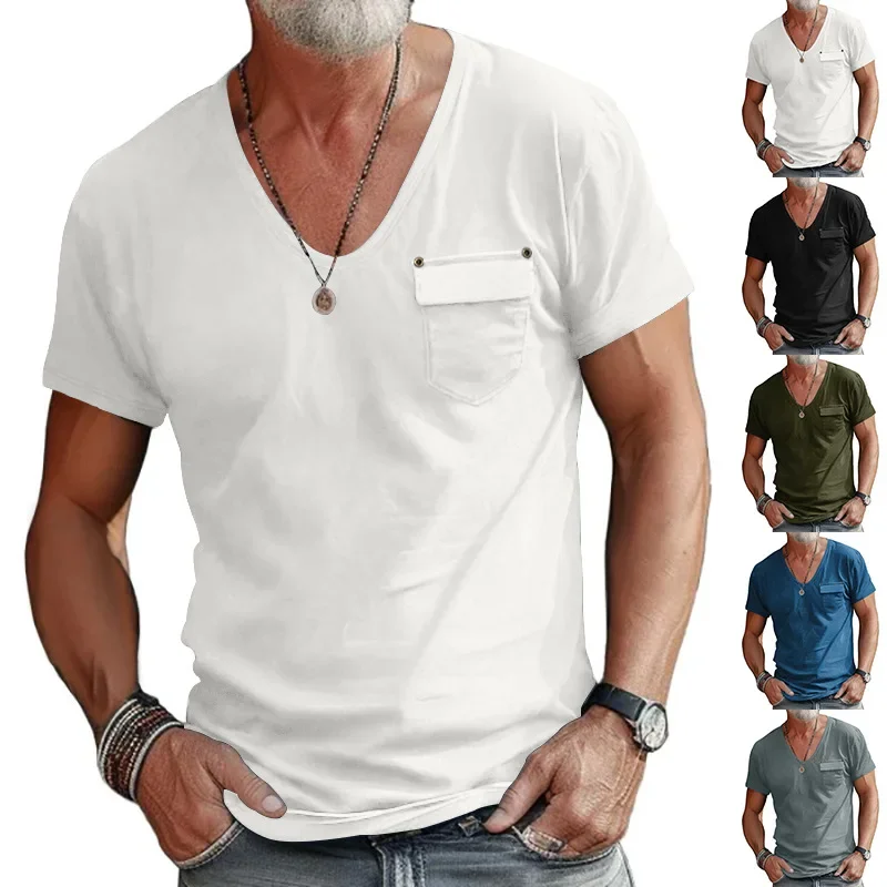 Sommermode Herren Slim-Fit U-Ausschnitt T-Shirt Lässiges Vielseitiges Einfarbiges Henley-Shirt Kurzarm für Männer