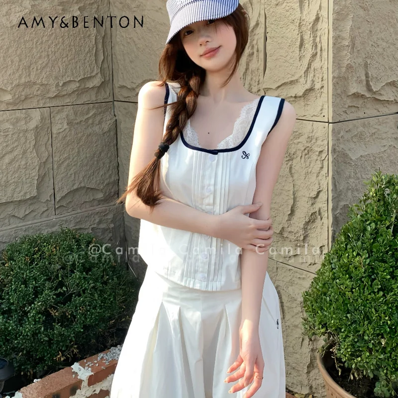 

Korean Design Lace Hollow Out Splicing Sports Women's Vest Top 2026 Summer New Loose Thin Casual Wide-leg Trousers Suit Ladies