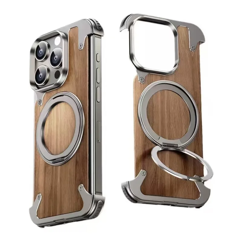 Walnut wood Apple high-end phone case metal frameless half pack magnetic suction heat dissipation ultra-thin bare shell