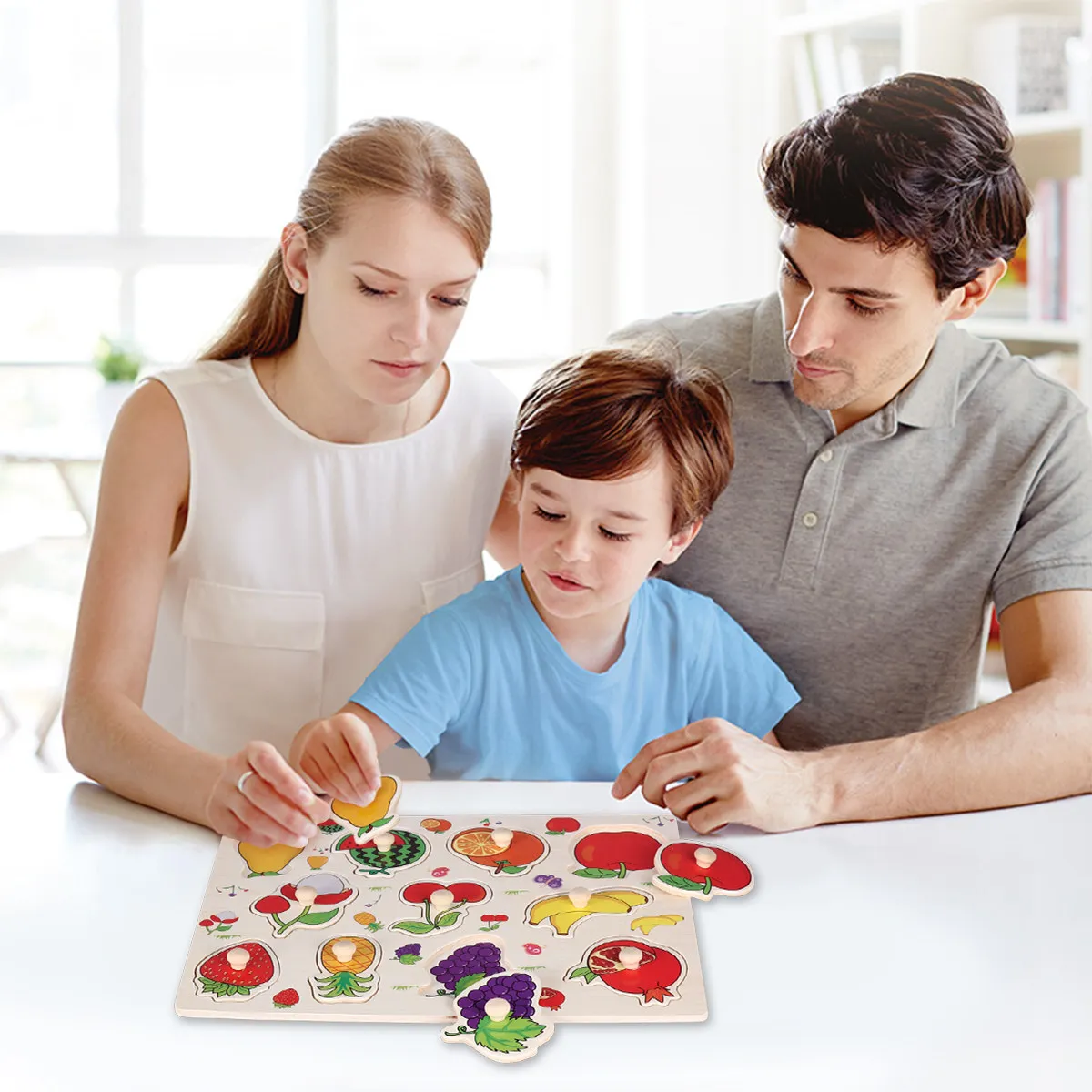 

2Pcs Real Wood Peg Puzzle with Fruit and Vegetable Shapes Toddler Educational Activity for Shape Recognition Early Learning