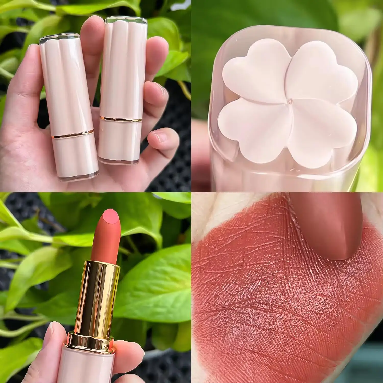 Matte Lipstick Private Label Matte Waterproof Solid Lipstick Vegan Long Lasting New Design Four-Leaf Clover Pink Tube Wholesale