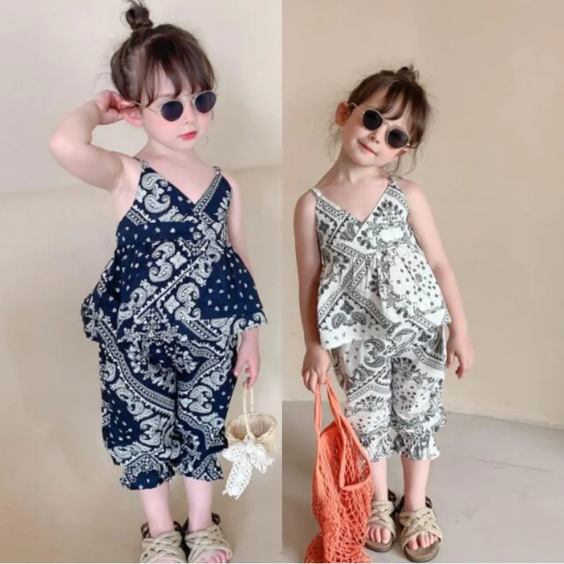 Children's Vacation Style Suit Summer Girls' Sling Shirt+Cropped Pants Two-Piece Set3-8One-Piece Delivery for Children's Clothin