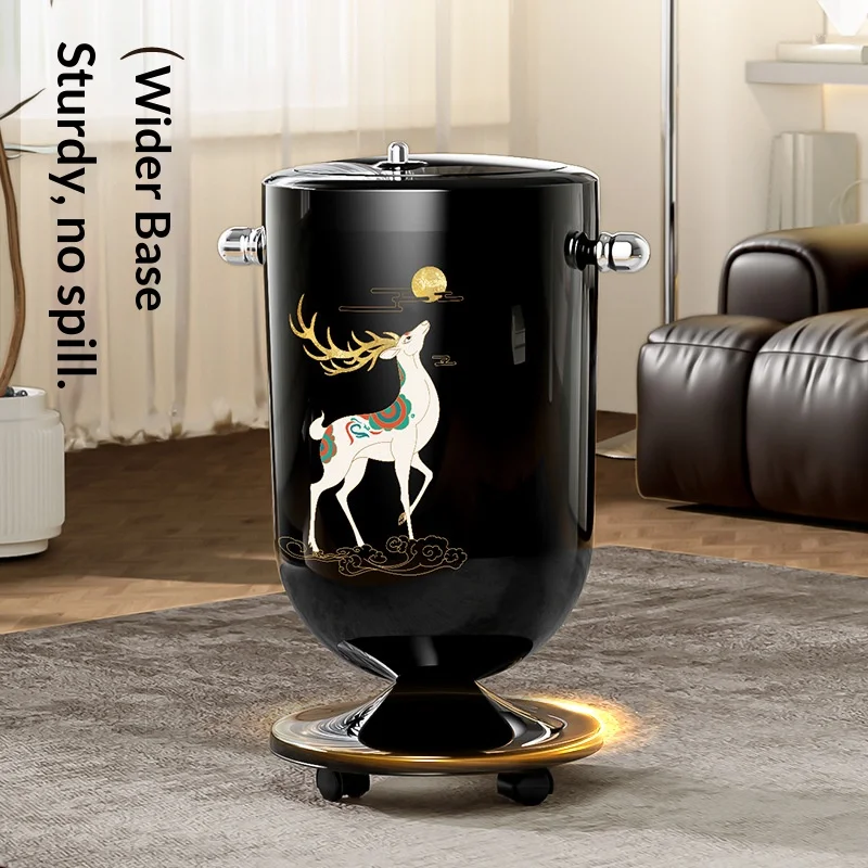 

Retro wine-glass-shaped flip-top trash can, movable home-use large no-bend storage bin with wheels and paper basket