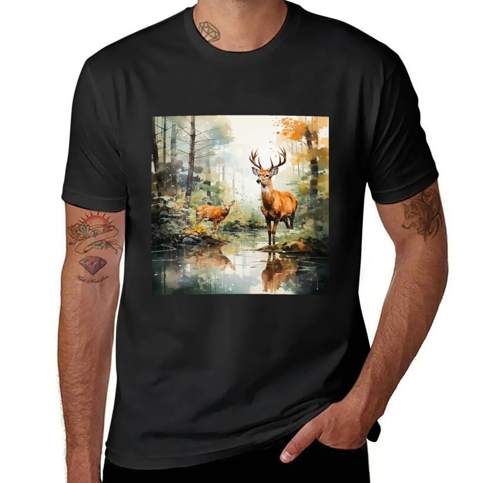 

Nature's Pause - Two Deer Drinking From A Stream - Watercolor Art - Animal Art T-Shirt customs anime T-shirts for men cotton