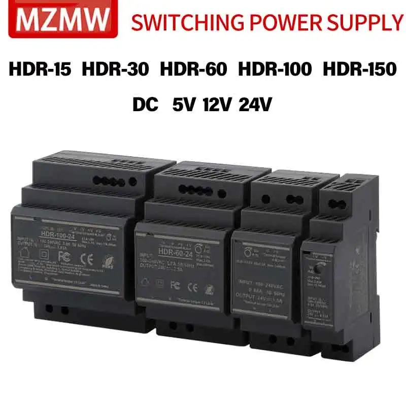 DIN Rail Switching Power Supply HDR 15W 30W 60W 100W 150W AC to DC 5V 12V 24V Single Output Step Shape Industrial Transformer