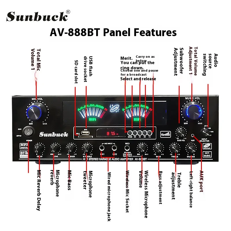 เครื่องขยายเสียงดิจิตอลบลูทูธหน้าจอแบบไดนามิก AV-888BT แอมป์เสียงสเตอริโอไฮไฟสำหรับบ้านรถยนต์การประชุมคาราโอเกะสูงสุด4000วัตต์