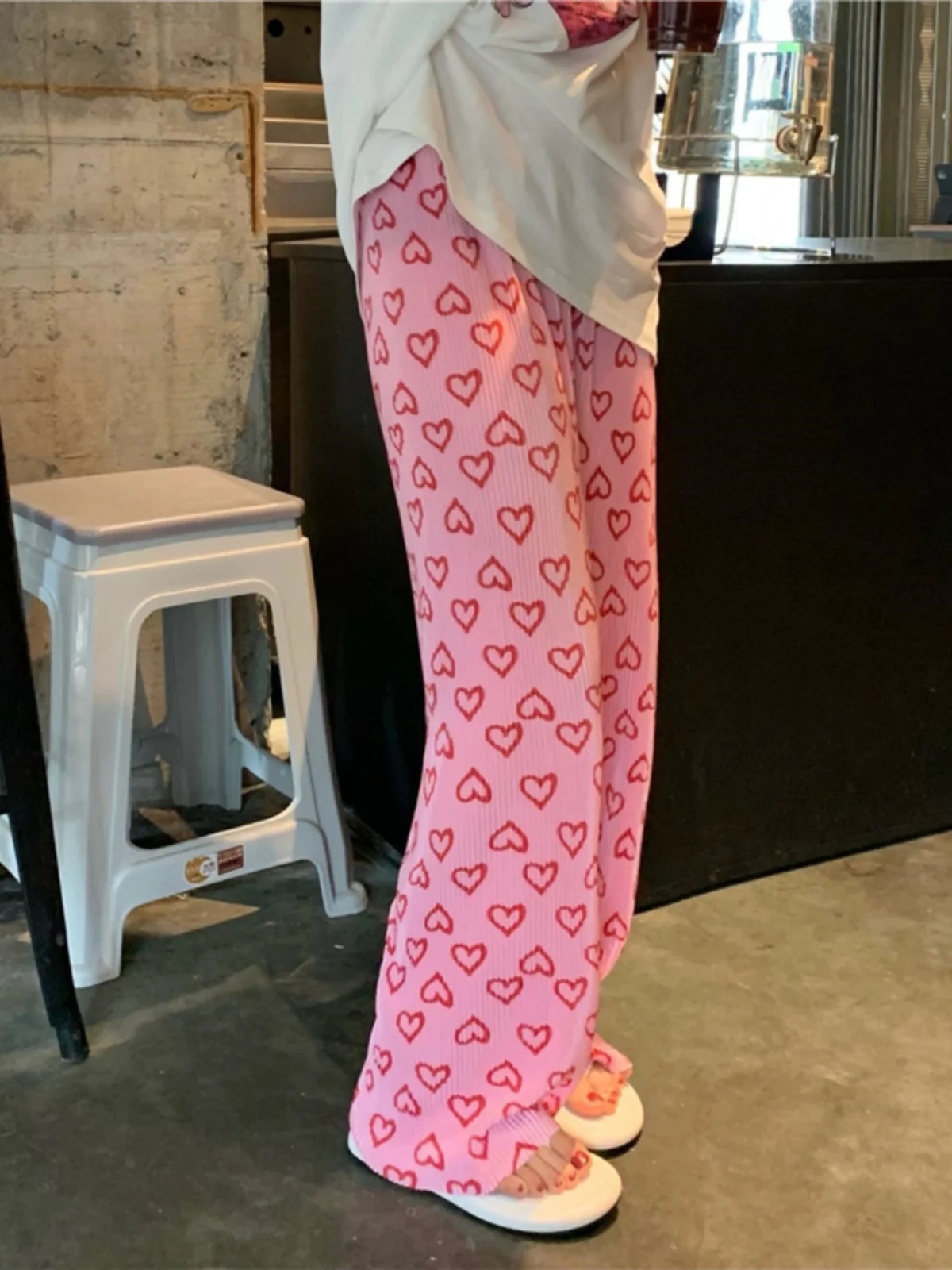 Pink Heart Wide Leg Pants Women's Summer Thin Dyed Casual Chiffon Cooling Walking Pants High Waist Long Commute Style Korean ...