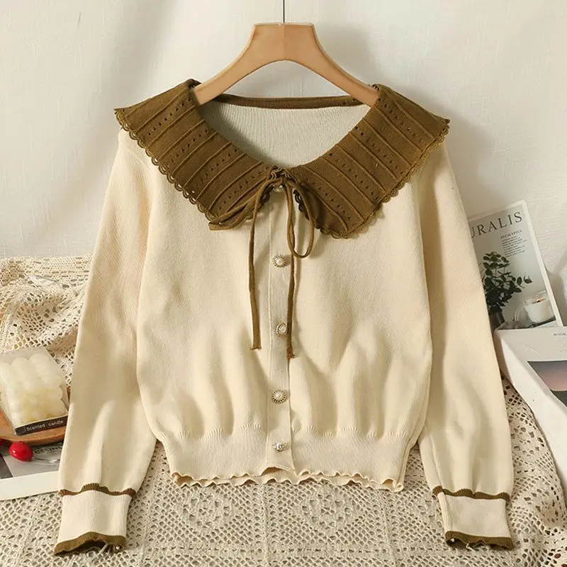 Korean Contrast Bow Short Pullovers Top Spring Autumn New Long Sleeve Knitting Fashion Sweaters Elegant Trend Women Clothing