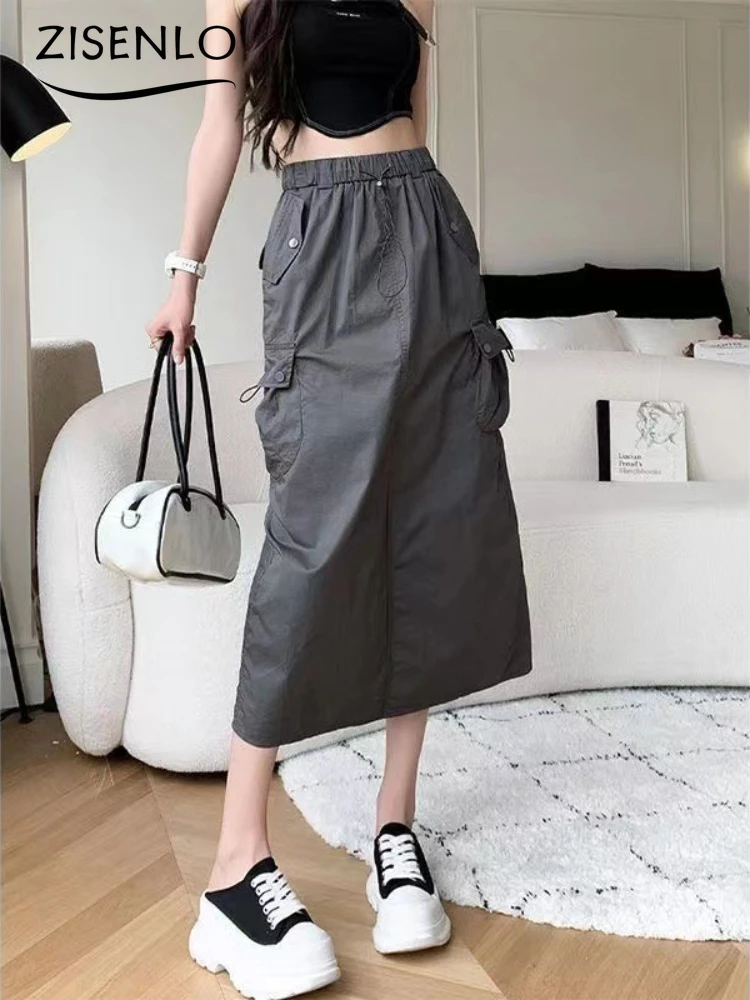 Skirts for Women Spring Summer Drawstring Workwear Half-body Skirt Split Mid-length Skirt Pure Color Package Hip One-Step Skirt