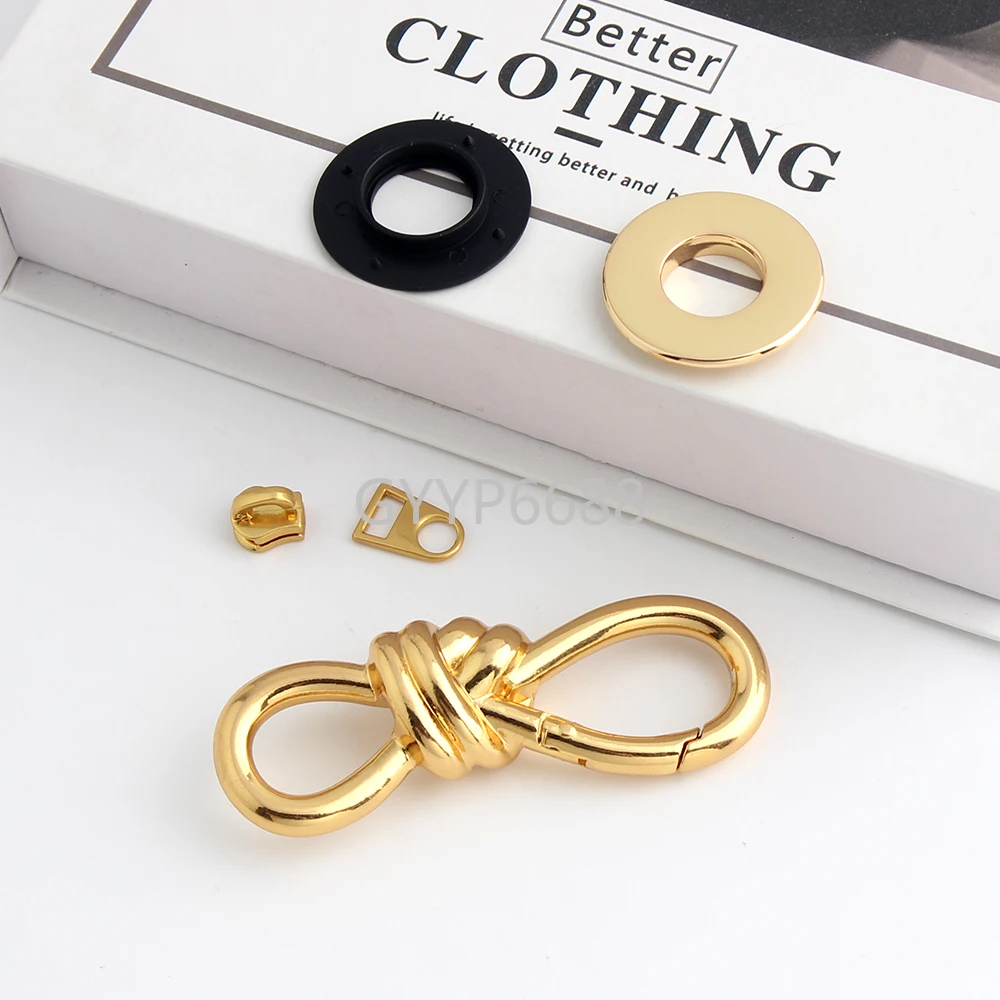 1/4/10Sets Satin Gold Zipper Sliders For Handbag Purse Bags Eyelet Connect Hook Screwback Rivets Roller Pin Buckles Accessories
