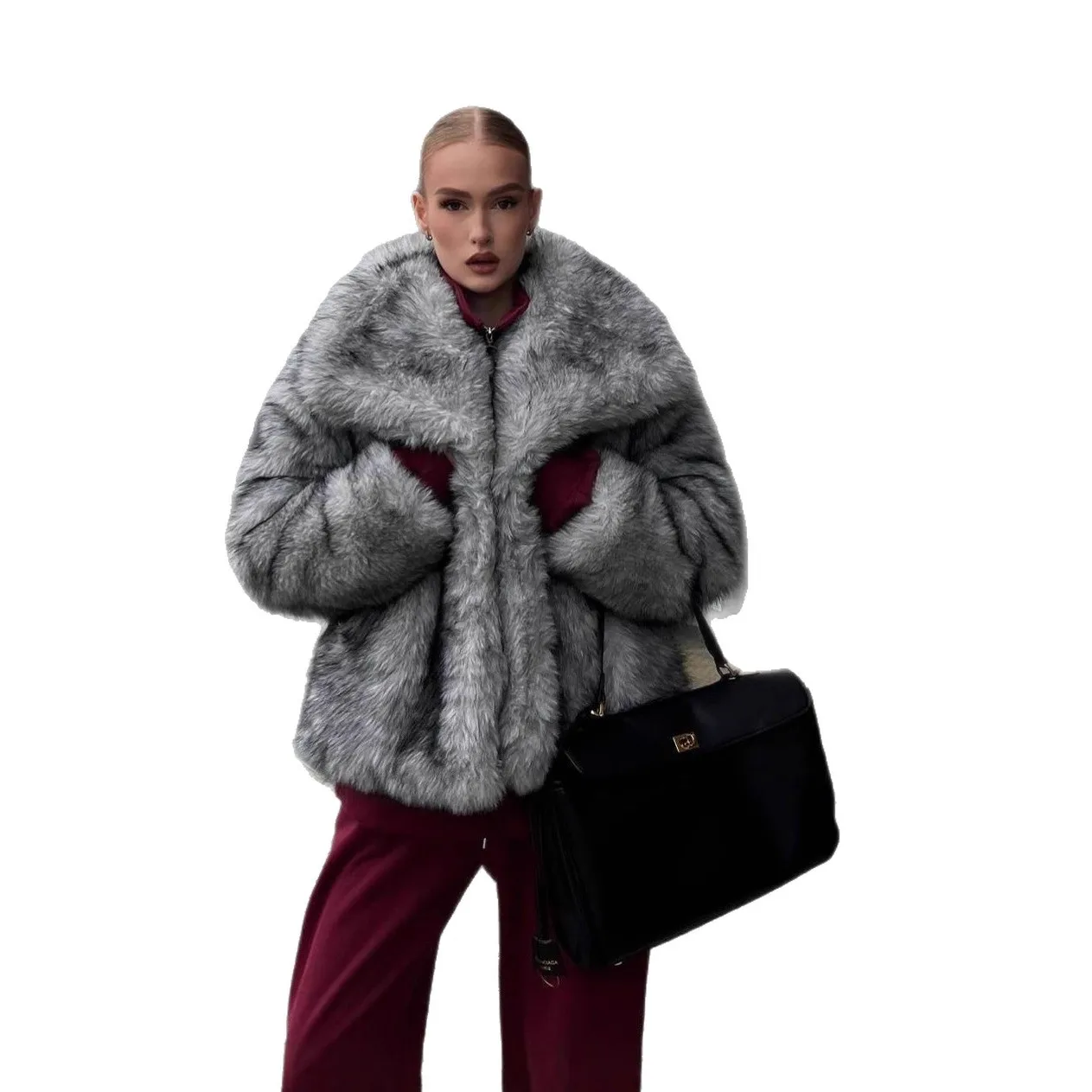 Faionable  Fur Coat Women's Autumn Winter Warm Sli Stand Collar Non Detachable Design Pure Color Loose Fit Chinese B...
