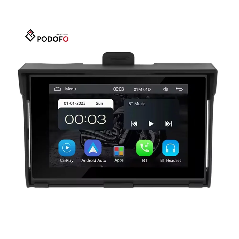 Podofo 5'' Motorcycle Screen with Portable Wireless Carplay & Android Auto GPS Waterproof Airplay/Android Cast/EQ/BT