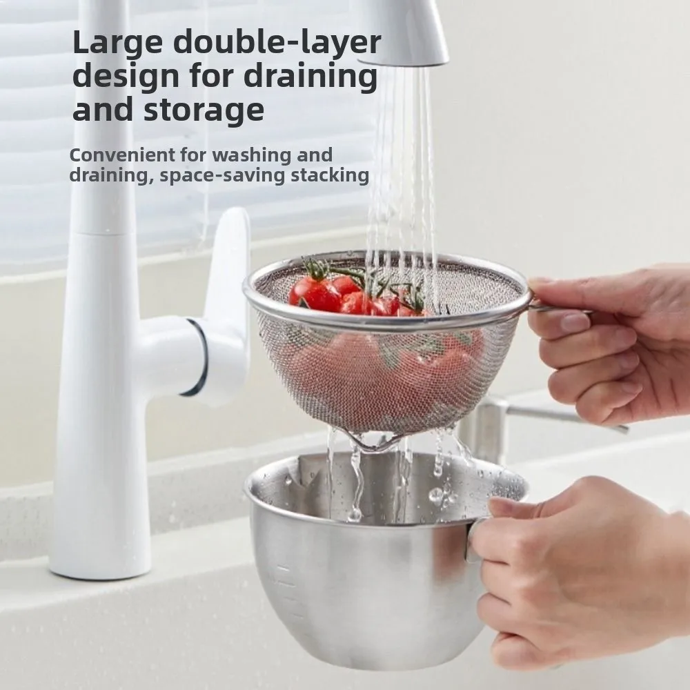 

2Pcs/set Fine Mesh Stainless Steel Colander Large Capacity with Handle Drain Basket Rust Proof Measuring Scale