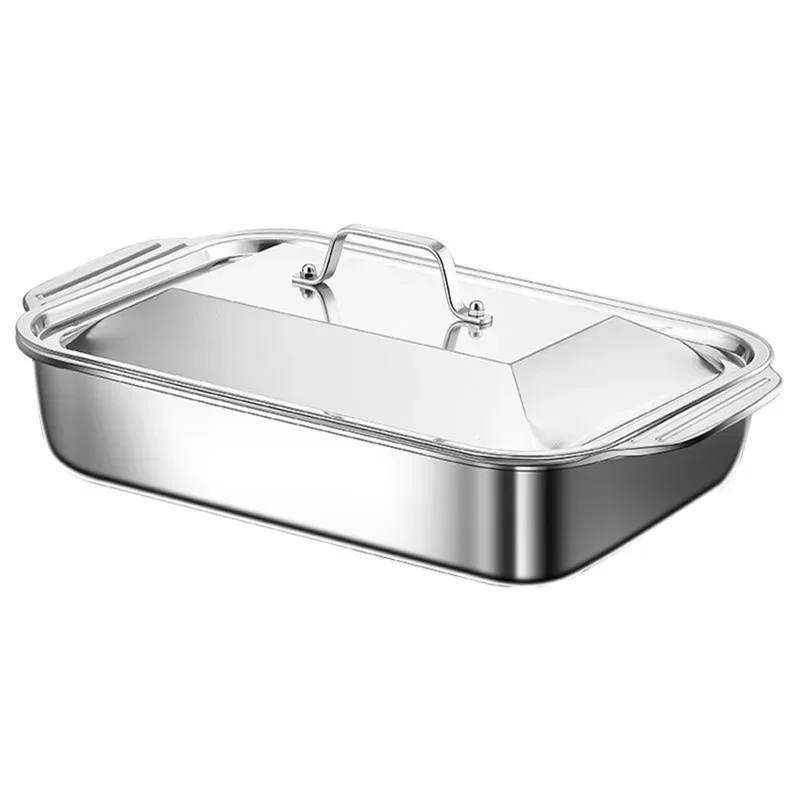 304 Stainless Steel Grilled Fish and Crayfish Tray with Lid Rectangular Tray Induction Cooker Deep Dish BBQ Beef Food Plate