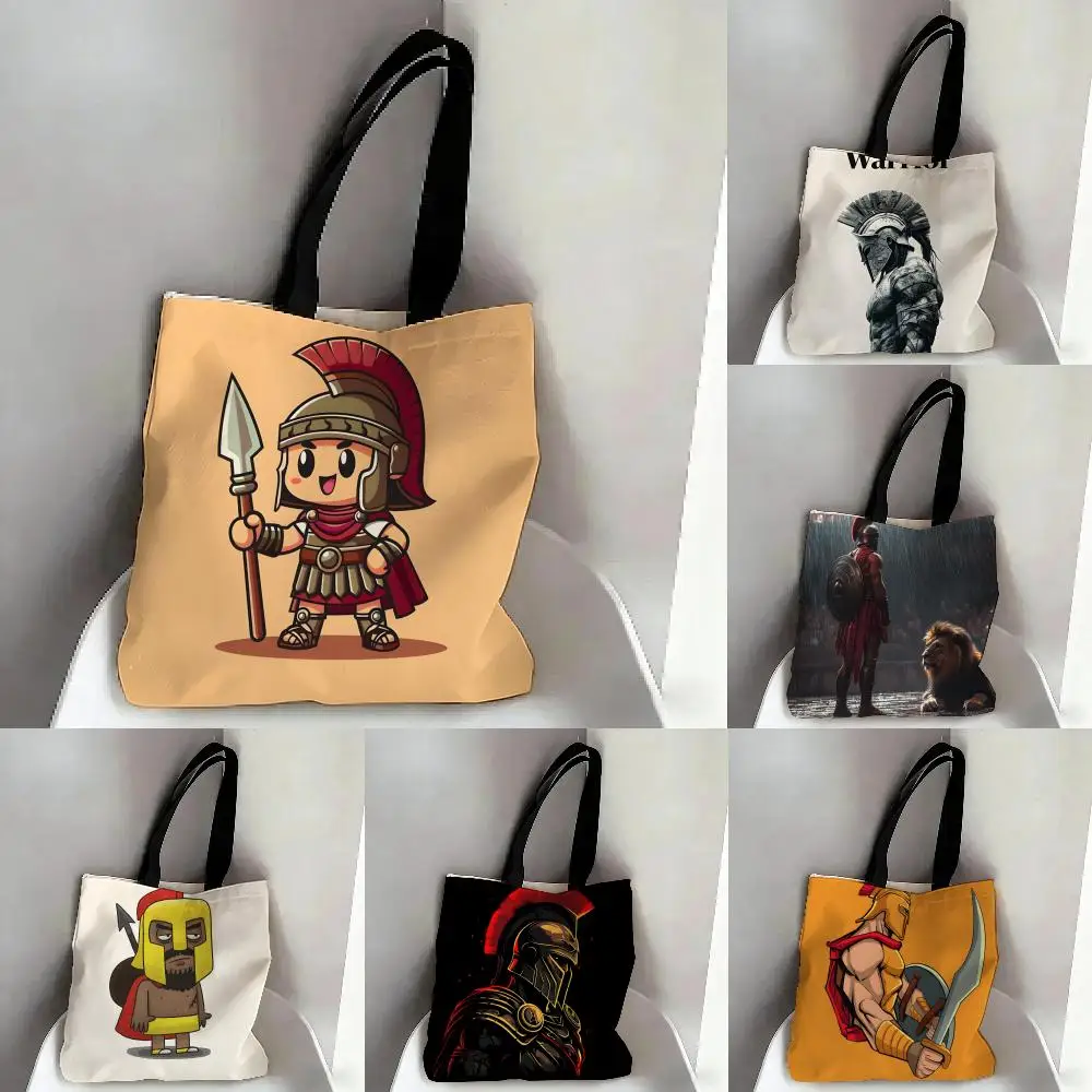 Cute cartoon Warriors brave Spartans 2 Storage Bags Tote Bag Travel Summer Beach Shoulder Bag Reusable Grocery Shopping Bag