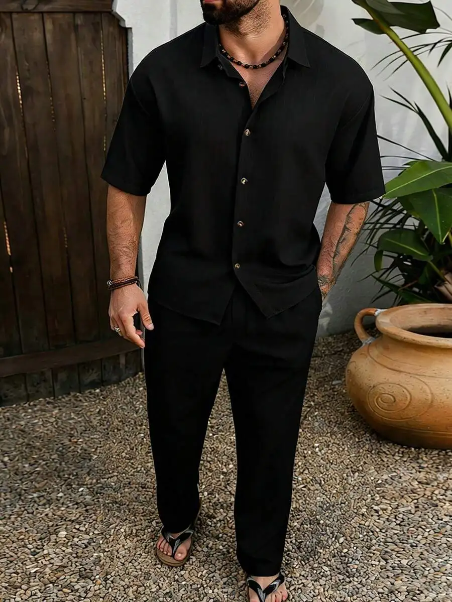 

Mens Solid Color Short Sleeve Button-Up Shirt And Pants Set Casual Linen Two Piece Outfit