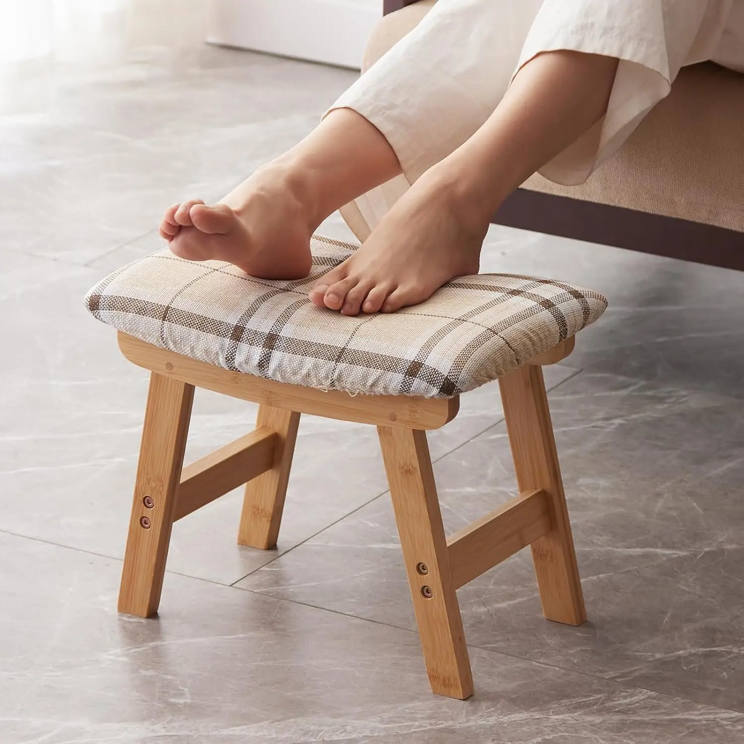 

Foot Stool,Ottoman,Bamboo Small Sofa Foot Rest Under Desk,Extra Seating For Living Room, Bedroom And Kitchen (Natural Stool