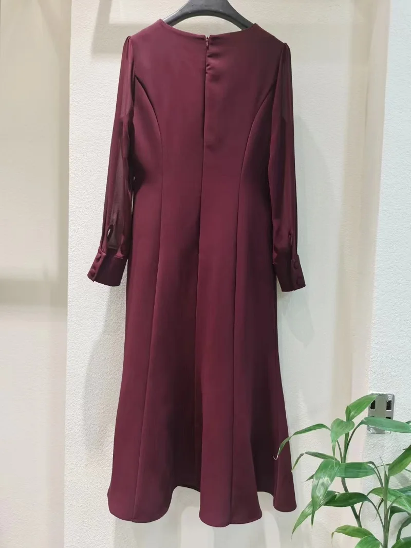 High Quality Brand New Dress 2024 Autumn Women O-Neck Tunic Button Buckle Deco Long Sleeve Dark Blue Wine Red Party Dress XXL