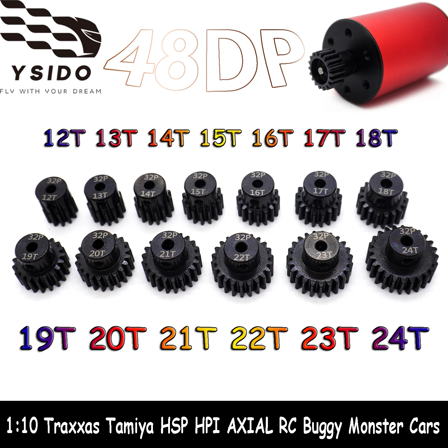 YSIDO RC 48DP 12T-24T Hardened Steel Metal Motor Pinion 3.175mm Shaft for 1:10 Traxxas Tamiya HSP HPI AXIAL RC Buggy Monster Car