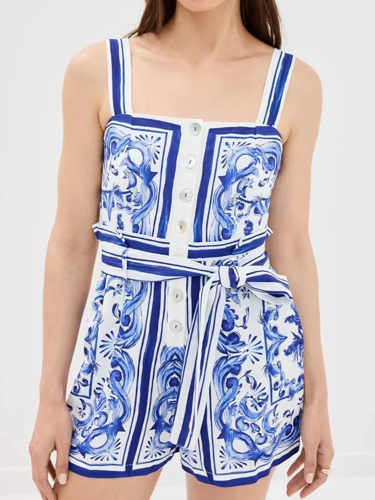 

2023 летний женский новый модный праздничный стиль, темпераментный комбинезон с принтом, комбинезон без рукавов с квадратным воротником на бретельках.
