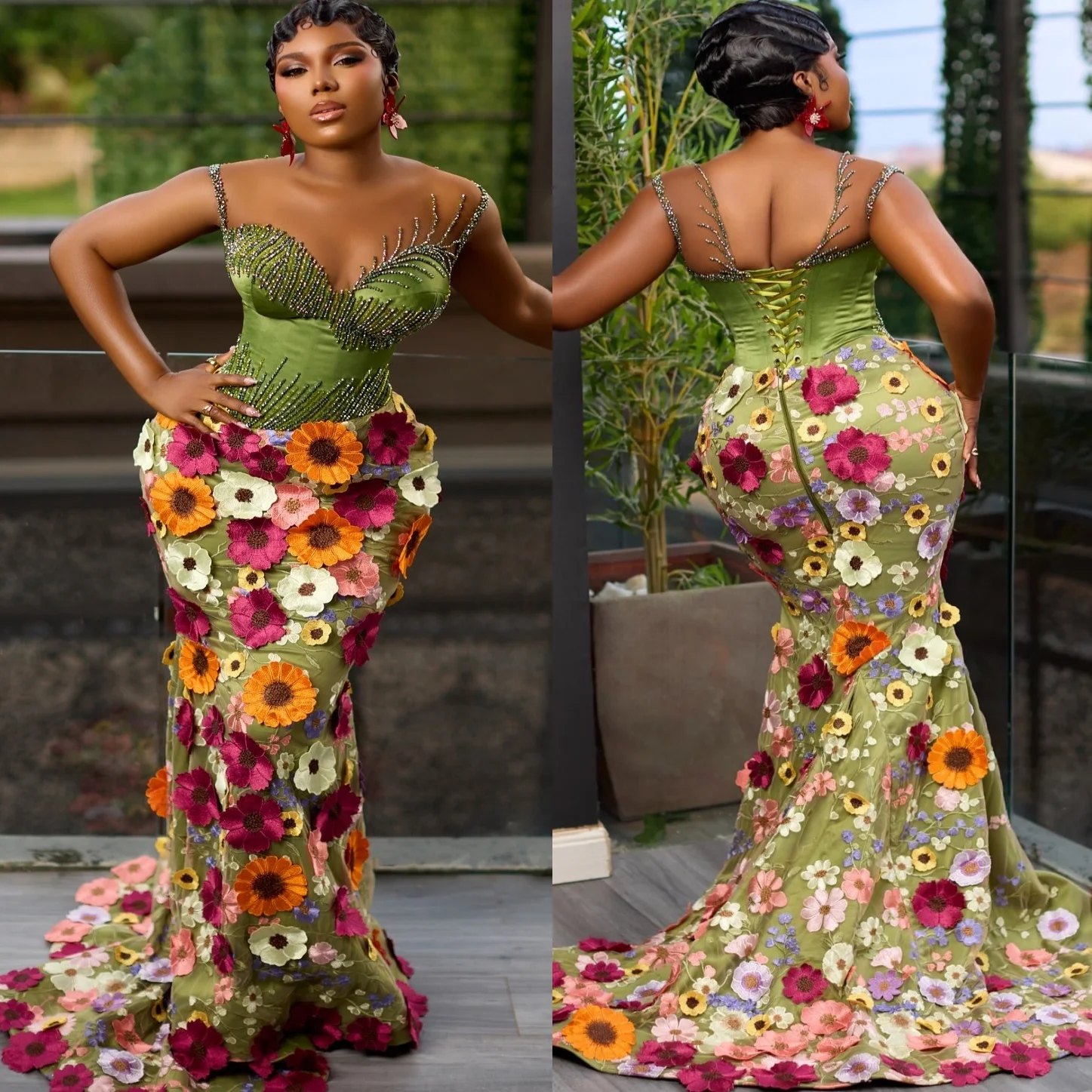 

Оливково-зеленое платье русалки для выпускного вечера 2025, цветы, расшитые бисером и кристаллами, с прозрачным вырезом, вечерние вечерние платья для дня рождения, платья ZJ262