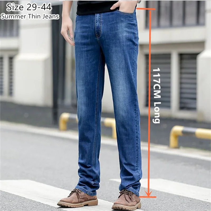 Extra Long Summer Jeans 117CM Tall Mens Thin Stretched Plus Size 40 42 44 Oversized Slim Fit High Waist Blue  Denim Trousers