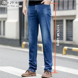 Extra Long Summer Jeans 117CM Tall Mens Thin Stretched Plus Size 40 42 44 Oversized Slim Fit High Waist Blue Denim Trousers